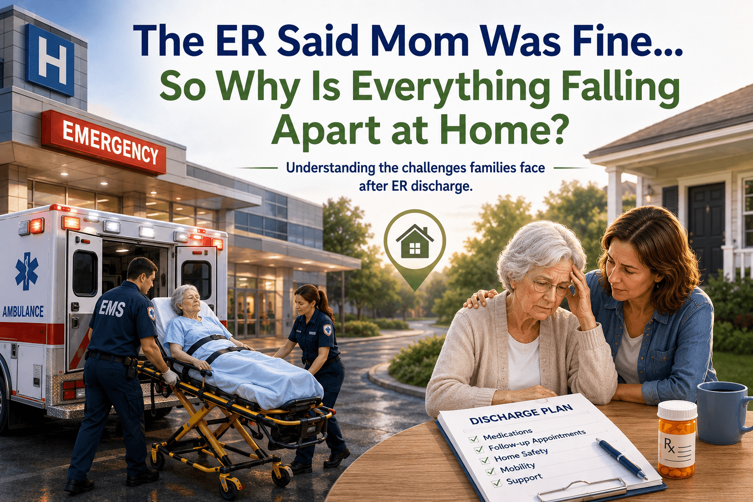 Older adult sitting at home overwhelmed after an ER discharge while a family caregiver reviews a discharge plan nearby, with a hospital emergency entrance and ambulance shown in the background to represent the transition from emergency care to managing support at home.