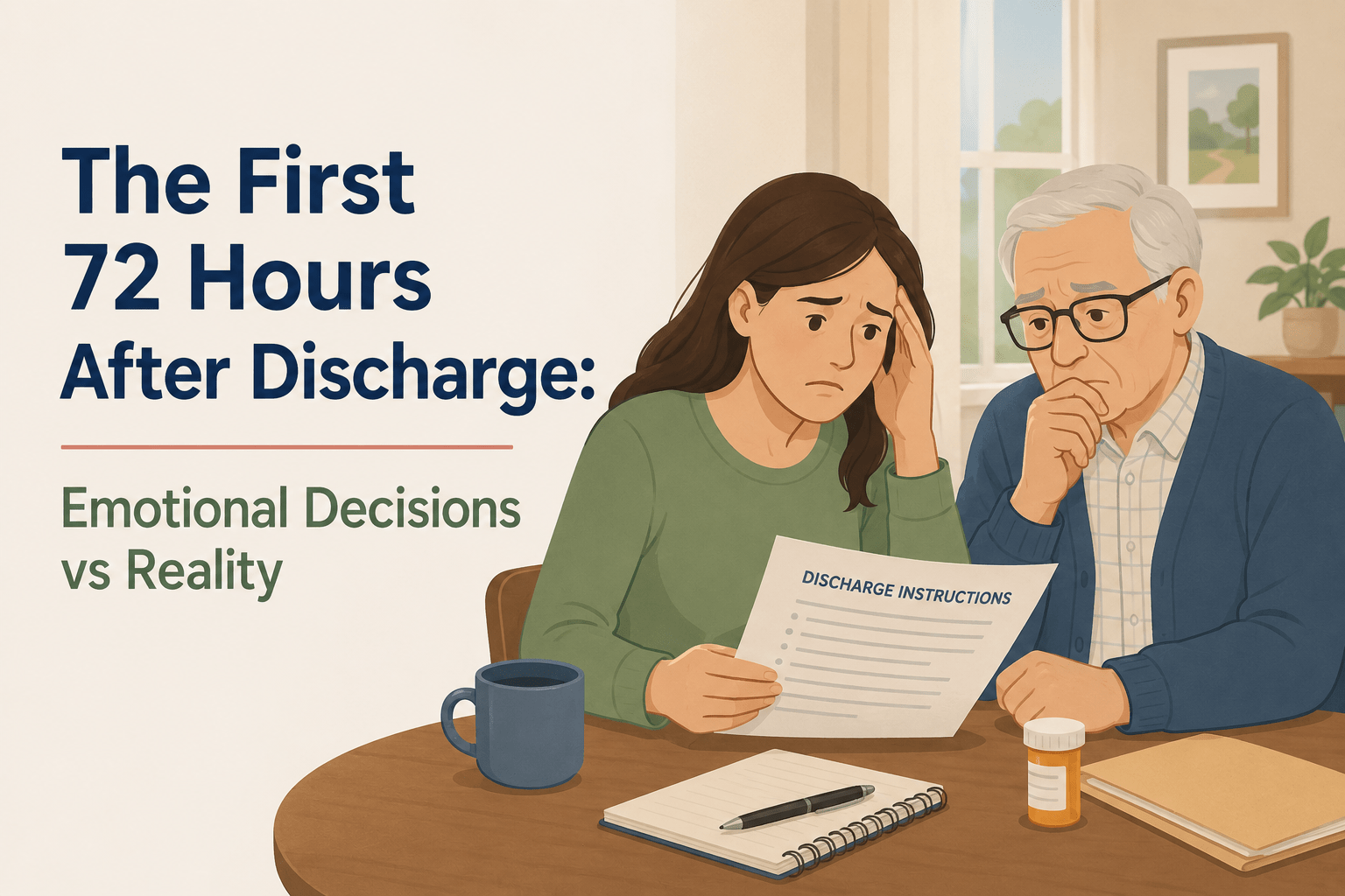 Adult daughter and older father reviewing hospital discharge instructions at a kitchen table while discussing care and safety concerns during the first 72 hours after discharge.