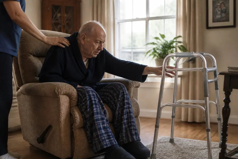 Caregiver helping a senior man use a walker at home while the family considers hospice care.