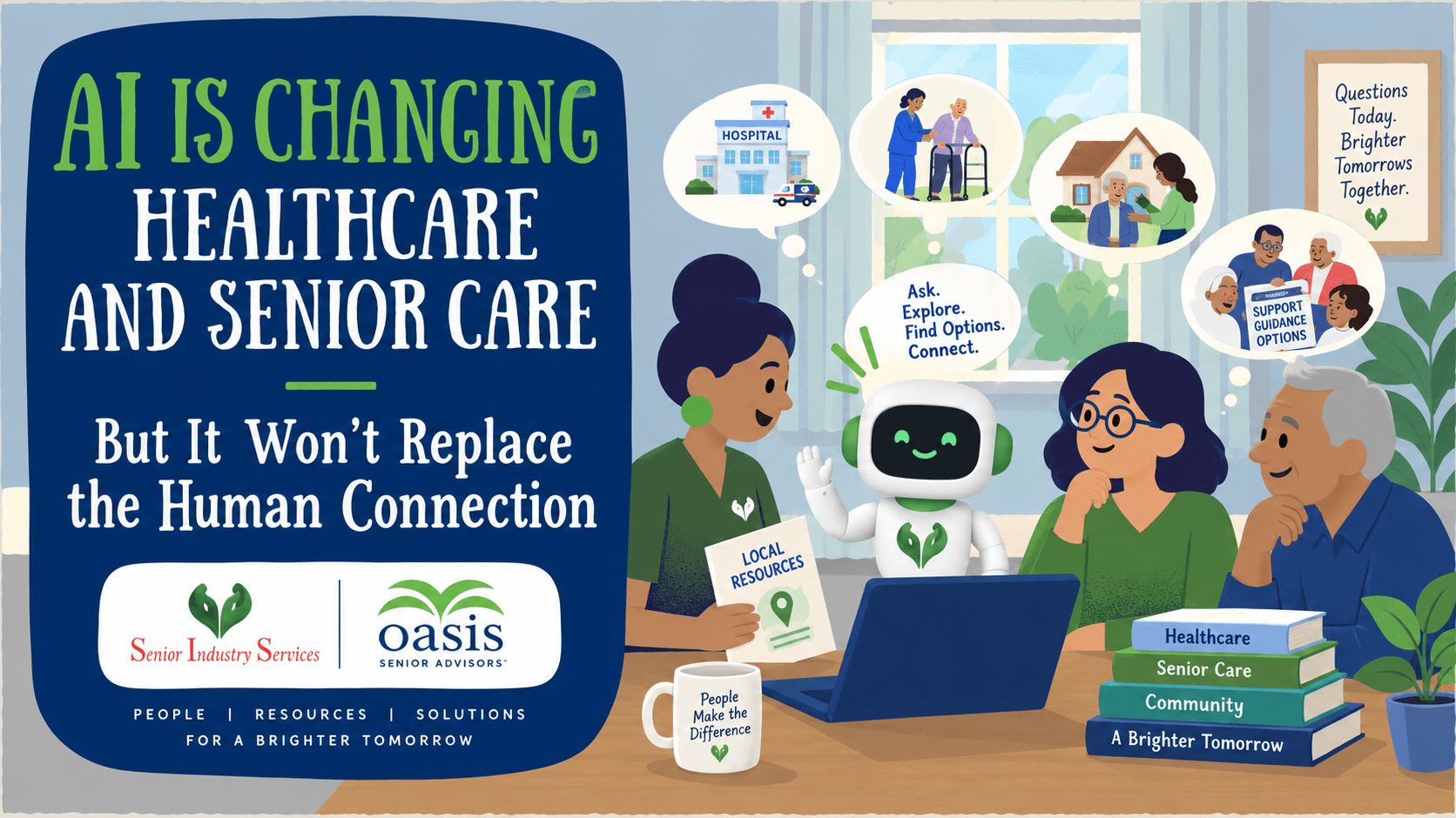 Healthcare and senior care professionals with an AI assistant discussing care options and local resources, illustrating how AI can support human connection in Central Texas senior care.
