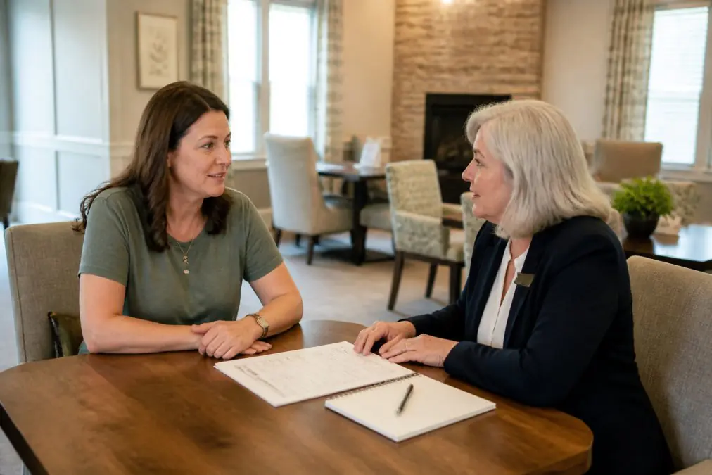 Family member discussing memory care options with a senior care professional in Central Texas