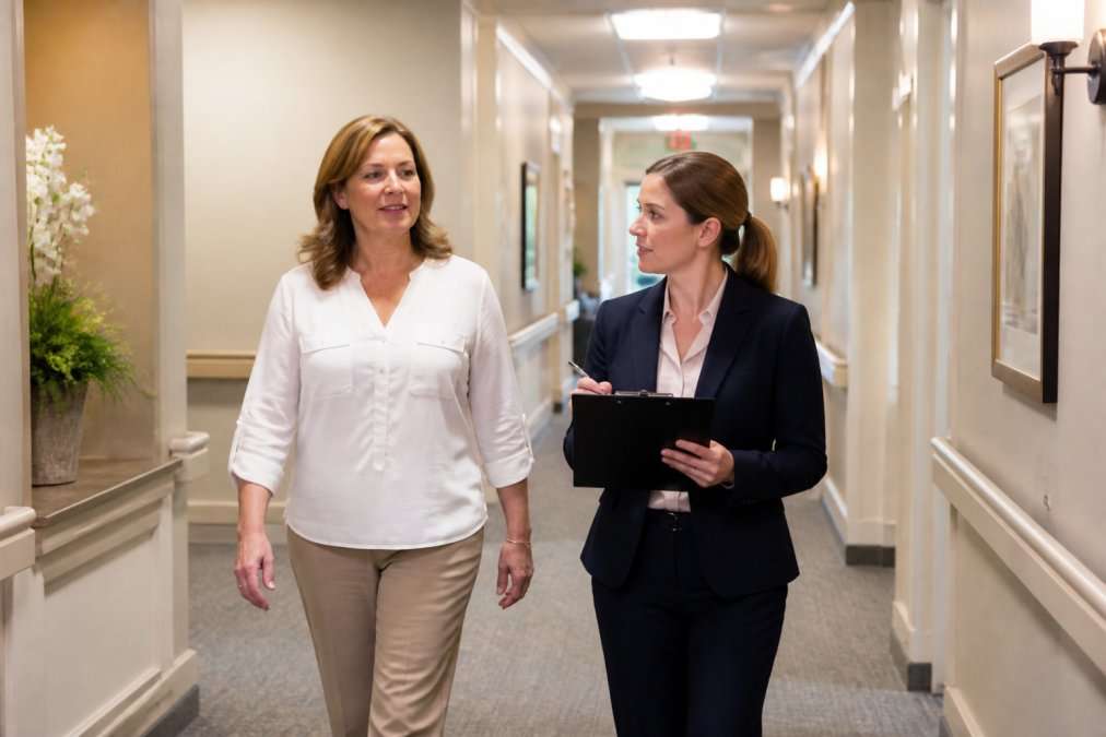 Family member touring a skilled nursing and rehabilitation facility in Central Texas.
