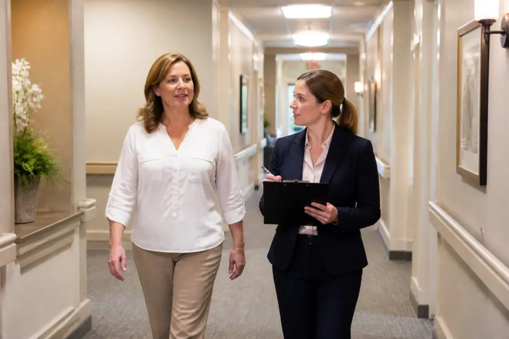 Family member touring a skilled nursing and rehabilitation facility in Central Texas.