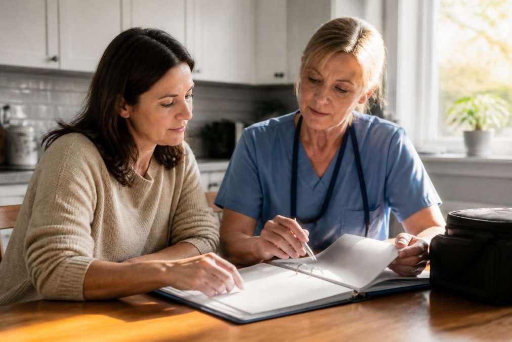 Daughter reviewing senior care options with a professional caregiver in Central Texas