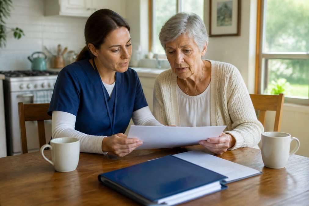 Home health nurse reviewing a care plan with an older woman at her kitchen table