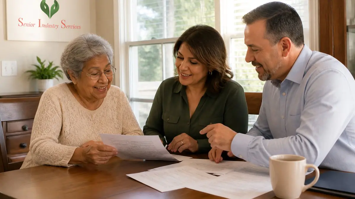 Senior woman reviewing estate planning documents with two family members at home in Central Texas.
