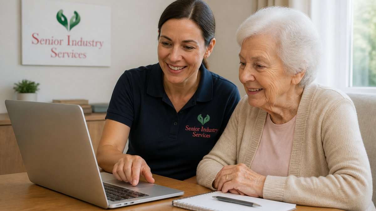 Older woman and a woman wearing an SIS-branded polo look at a laptop together at a table.