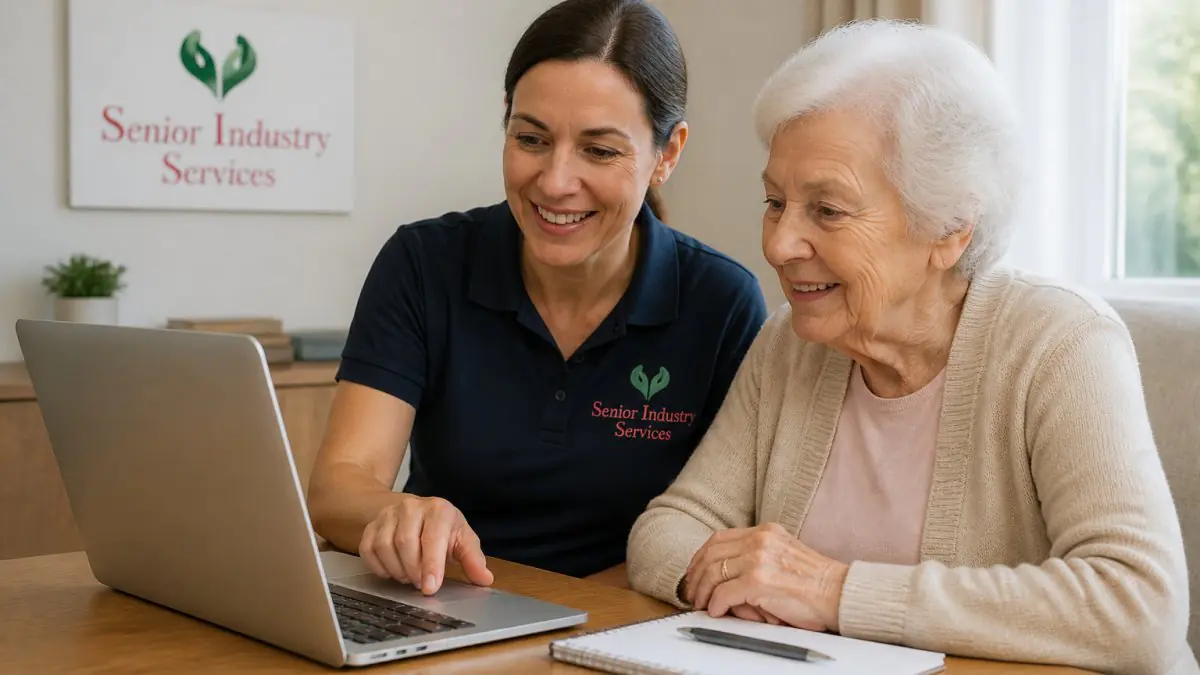 Older woman and a woman wearing an SIS-branded polo look at a laptop together at a table.