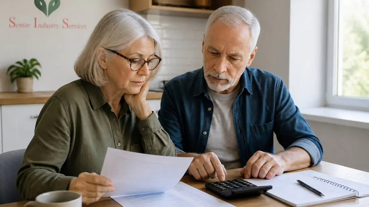 Older couple reviewing a fixed-income retirement budget with financial documents and a calculator at their kitchen table.