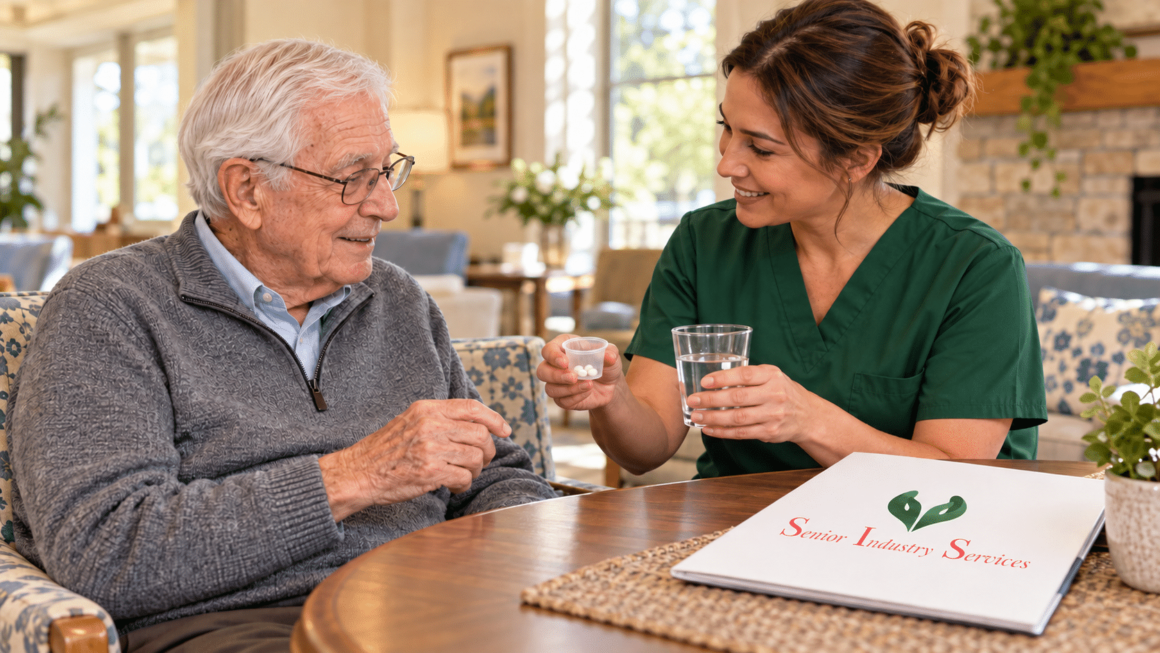 Medication aide in green scrubs assists an older gentleman with prescribed medications in a memory care community.