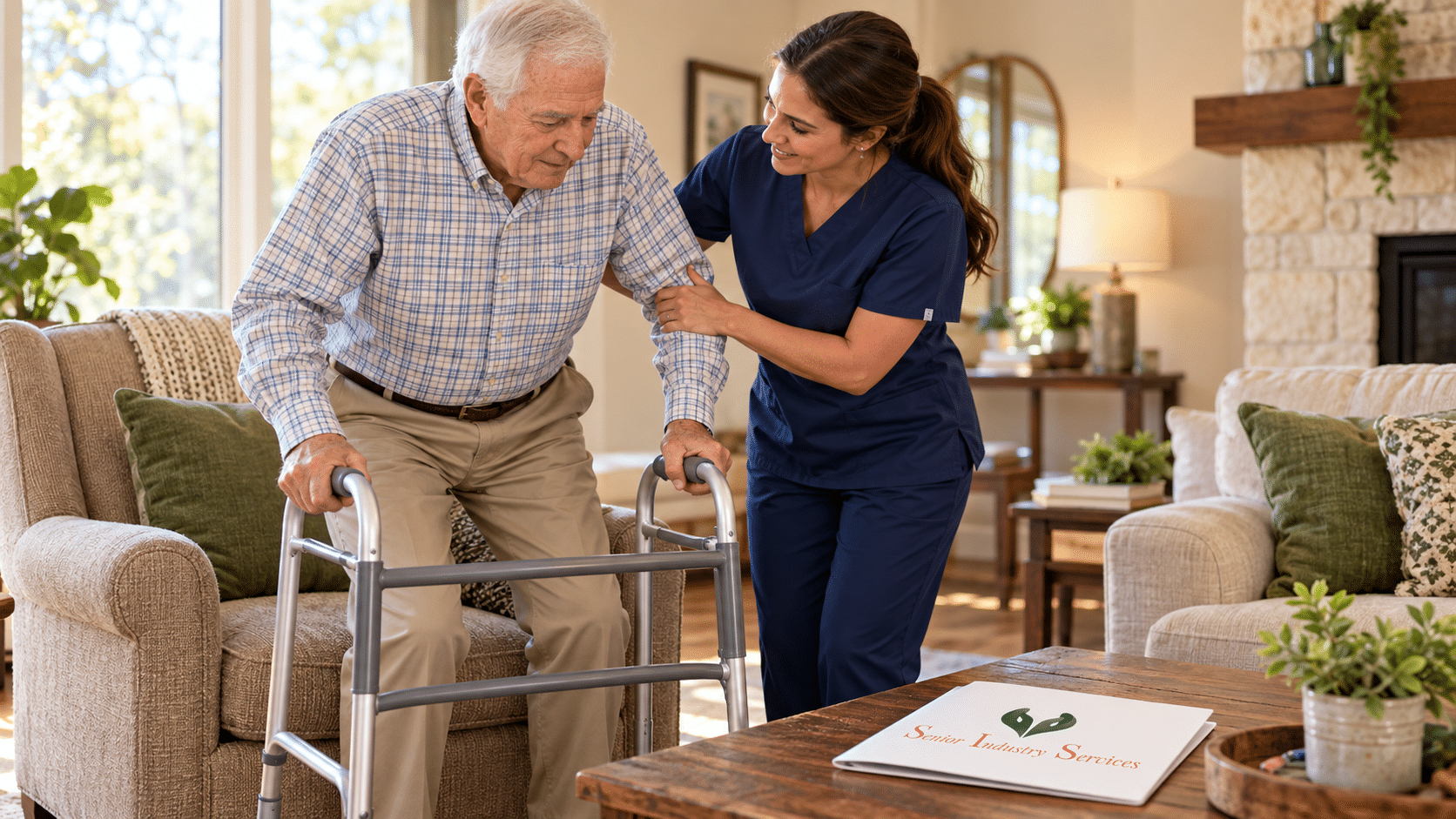 Caregiver in navy scrubs helps an older man stand safely with his walker in a Central Texas home.