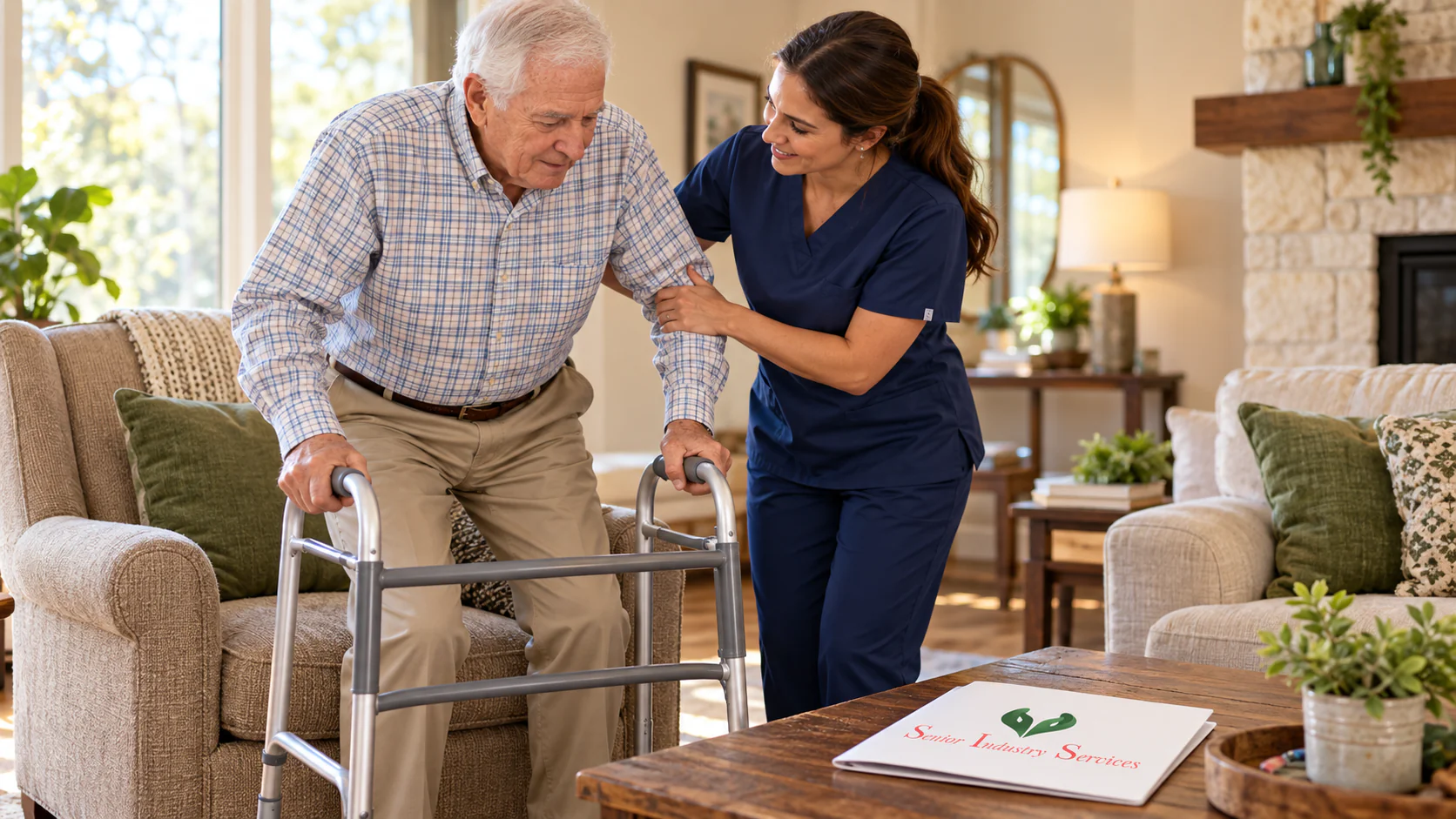 Caregiver in navy scrubs helps an older man stand safely with his walker in a Central Texas home.