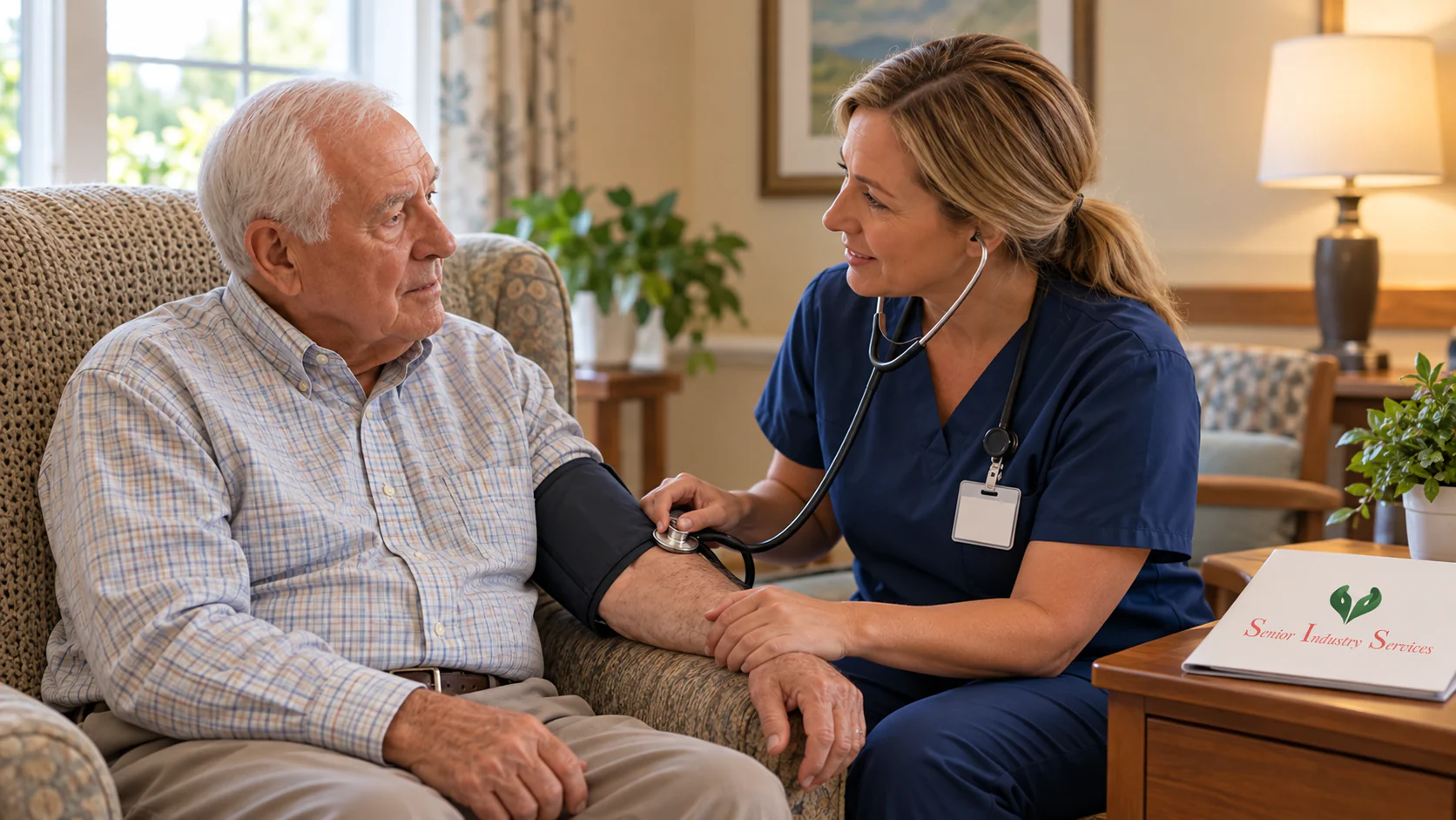 Nurse checks an older man’s blood pressure in a Central Texas skilled nursing community.