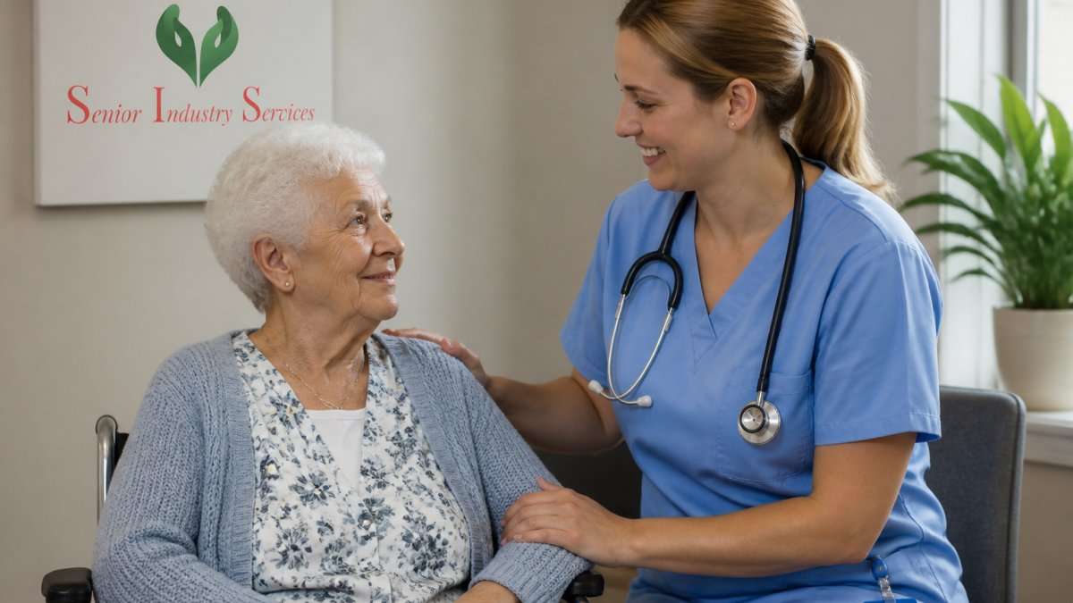 Skilled Nursing or Assisted Living in Central Texas Older woman seated in a wheelchair smiles with a healthcare worker in blue scrubs, with SIS branding in the background.