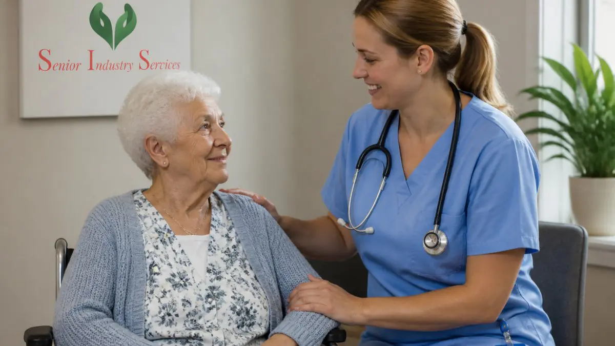 Older woman seated in a wheelchair smiles with a healthcare worker in blue scrubs, with SIS branding in the background.