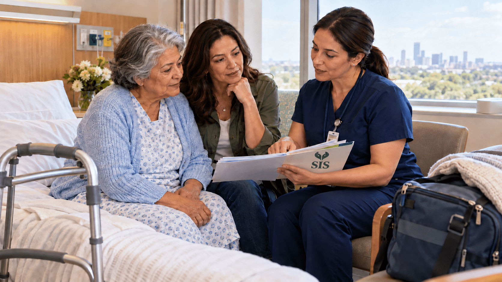 Older hospital patient and her daughter review discharge instructions with a nurse before returning home.