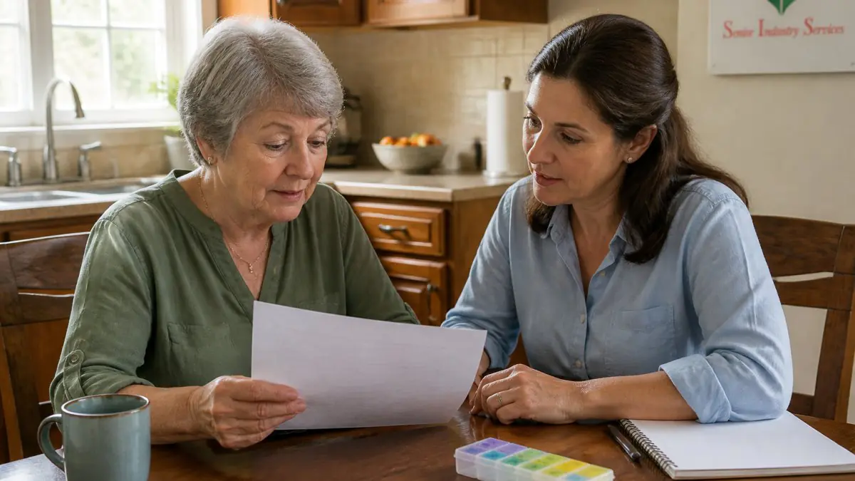 Older woman and family caregiver review paperwork at a kitchen table beside a weekly pill organizer and notebook.
