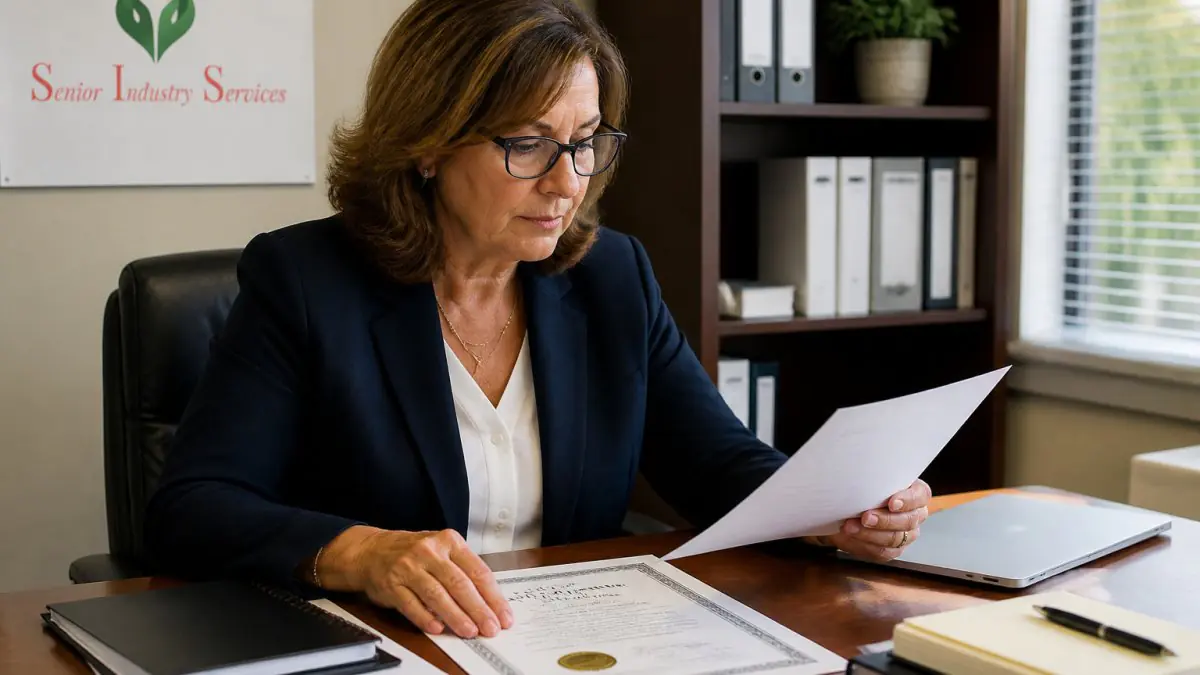 Woman reviews paperwork and a certificate at an office desk, with a Senior Industry Services sign behind her.