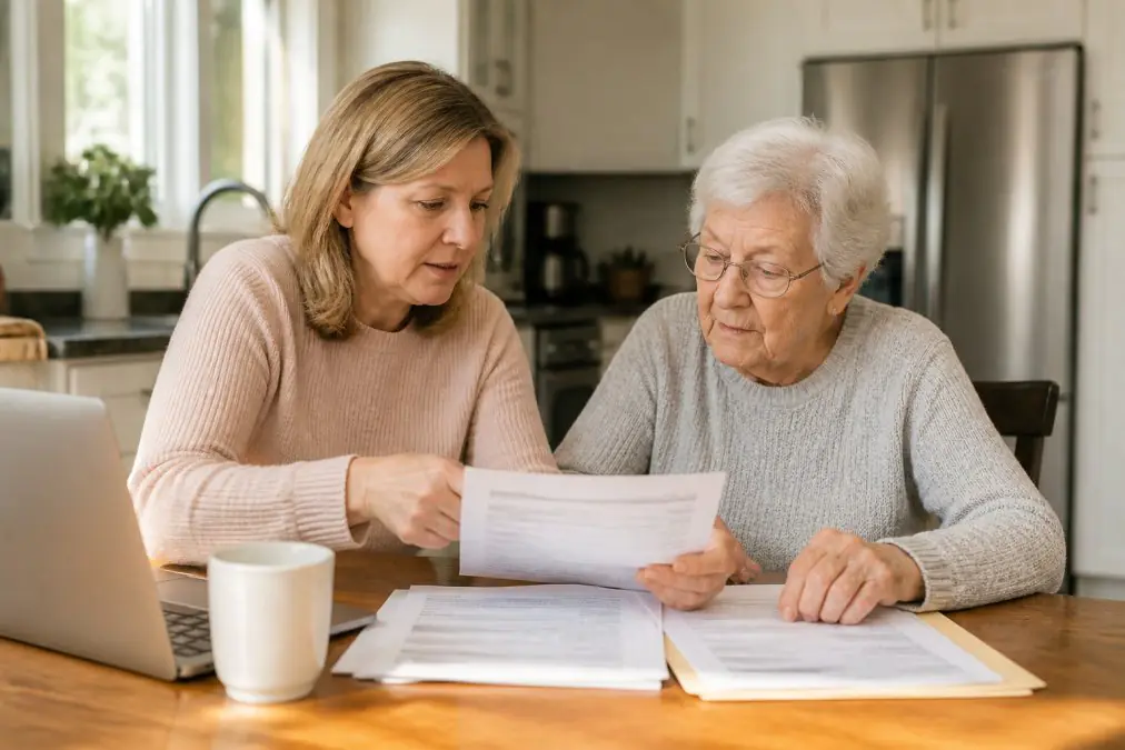 Daughter helping her mother review senior care information and planning documents at home in Central Texas