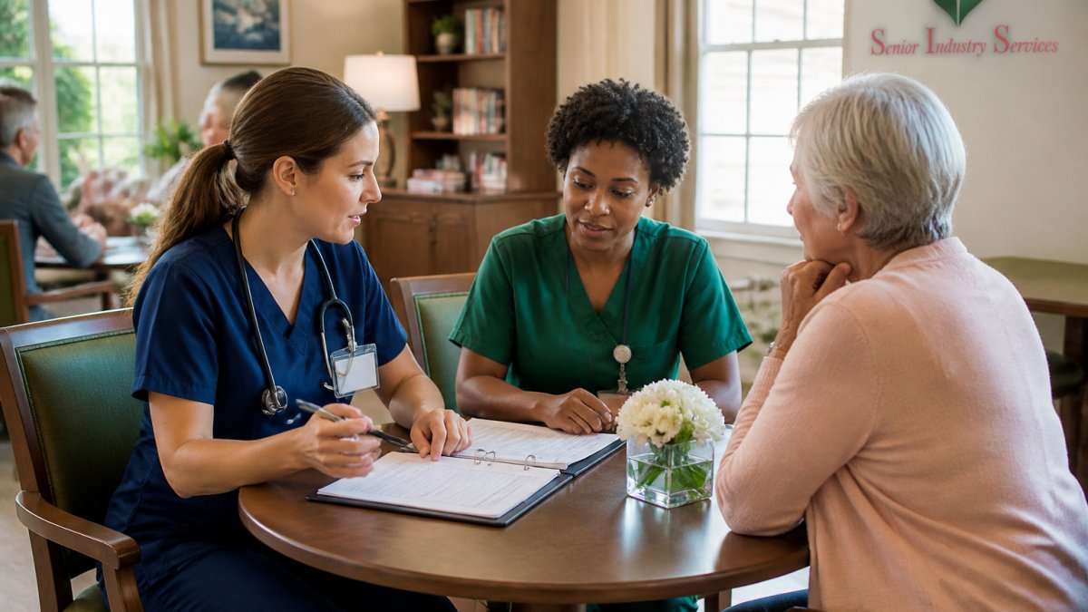 Two care professionals discuss a care plan with an older woman at a table.
