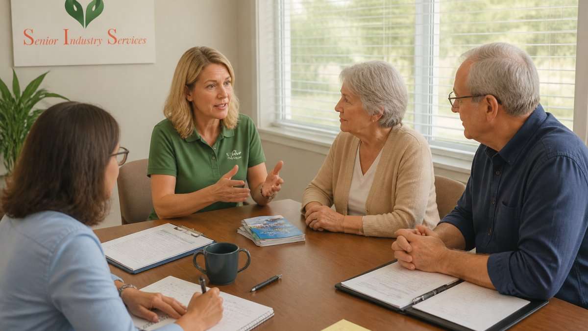 Four adults, including an older couple, discuss care planning around a table with notebooks and clipboards.
