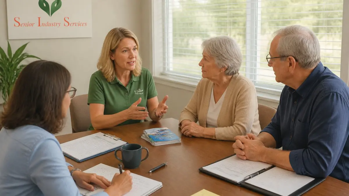 Four adults, including an older couple, discuss care planning around a table with notebooks and clipboards.