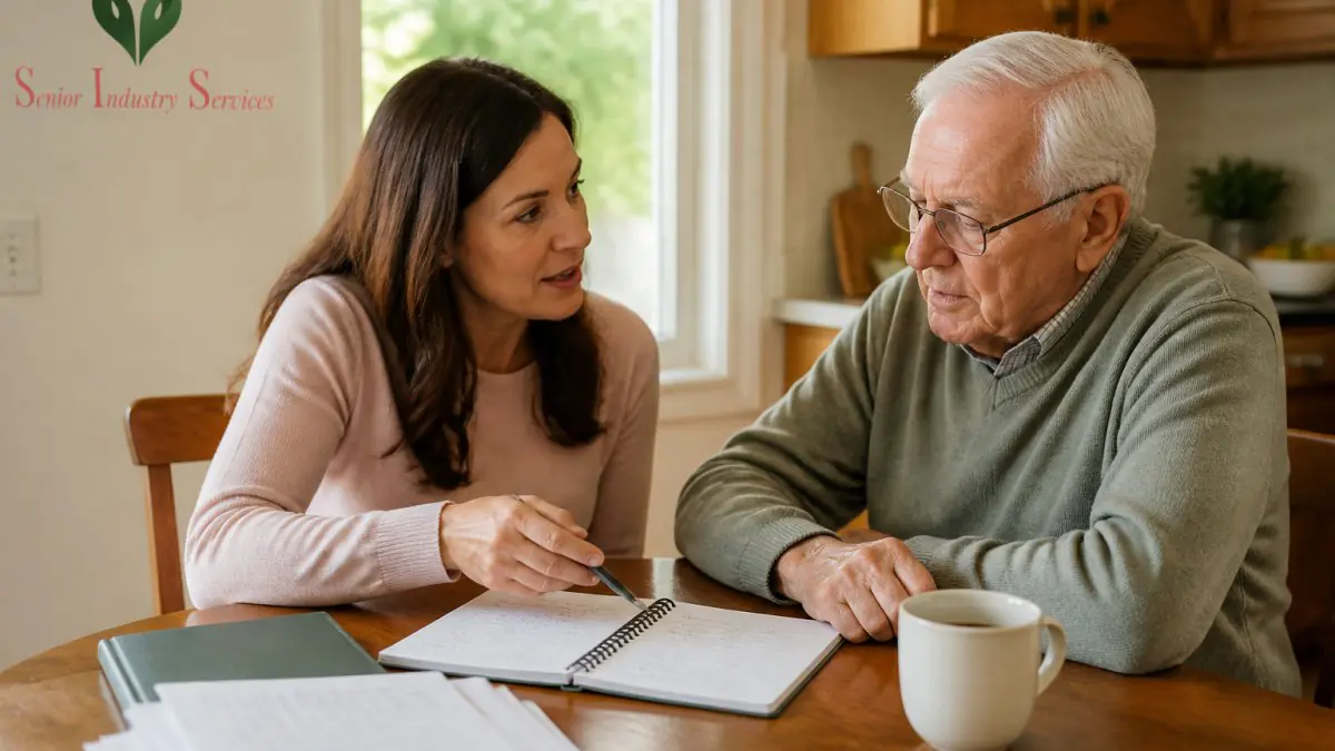 Older man and younger woman discuss notes in an open notebook at a kitchen table, with SIS branding nearby.