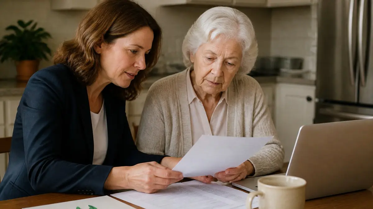Adult daughter helps her older mother review financial documents for long-term care expenses