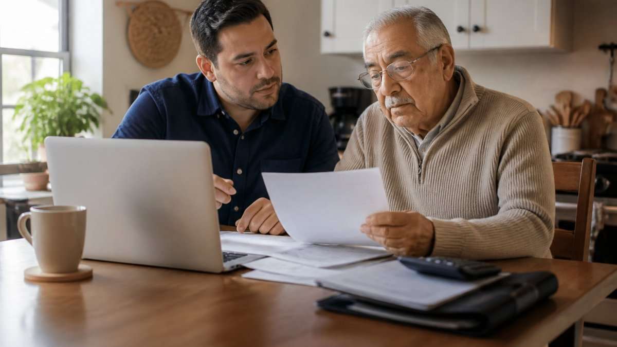 Adult son helps his father review life insurance documents for senior care expenses