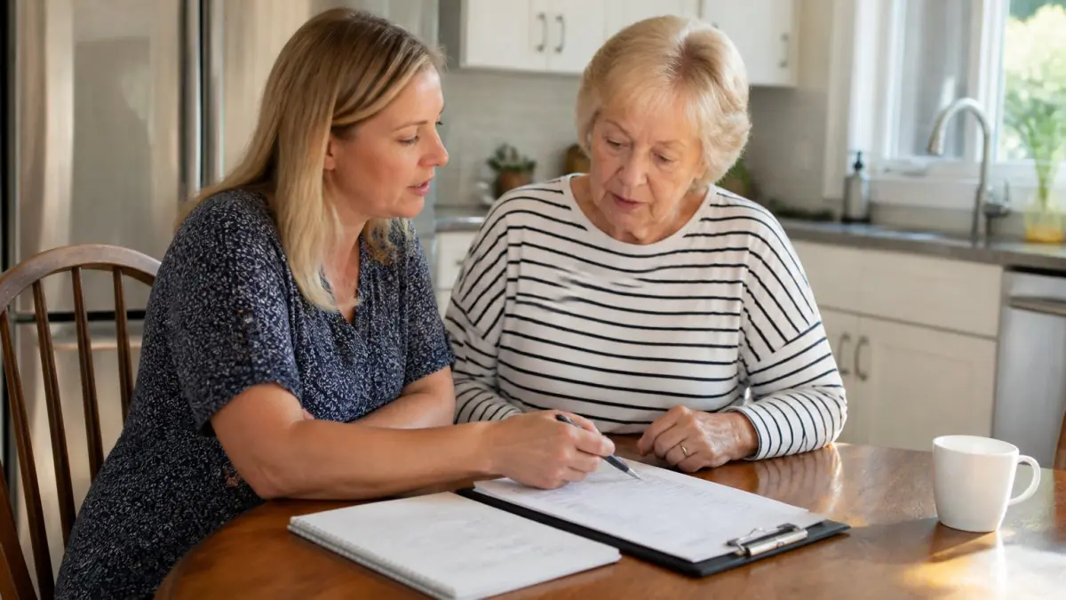 Senior woman reviewing an in-home care plan with a caregiver at her kitchen table