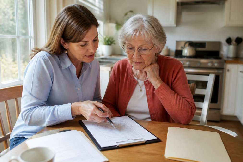 Adult daughter discussing home care costs and care options with her aging mother at home