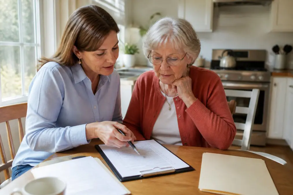 Adult daughter discussing home care costs and care options with her aging mother at home