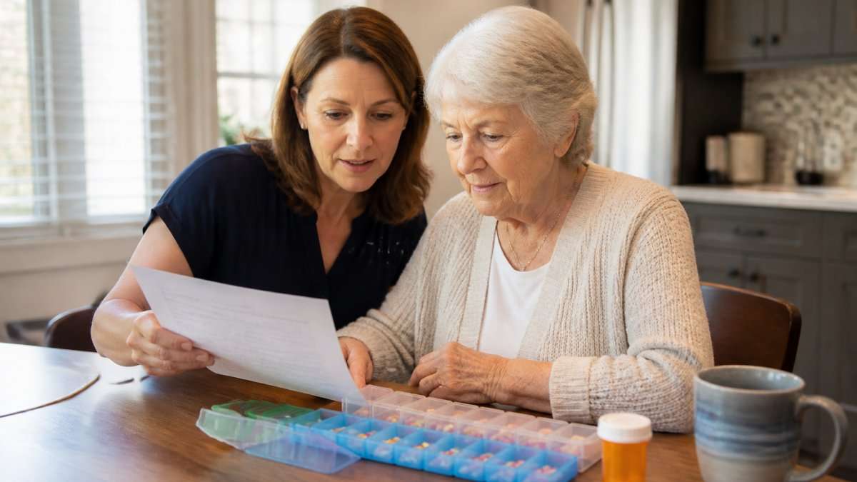 Adult daughter helps her older mother review a medication list and weekly pill organizer