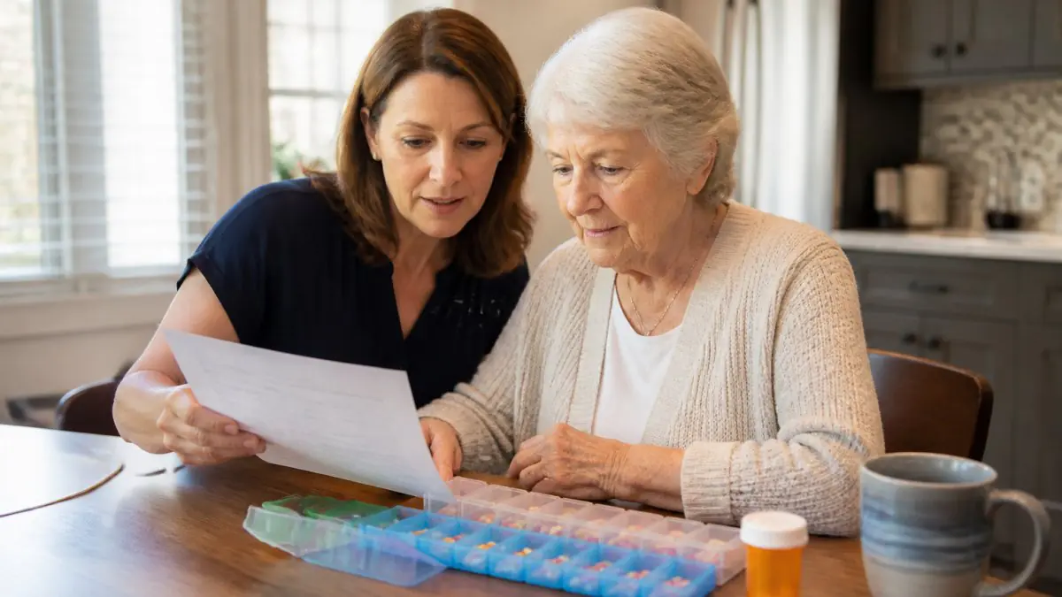Senior Medication Management in Central Texas Adult daughter helps her older mother review a medication list and weekly pill organizer