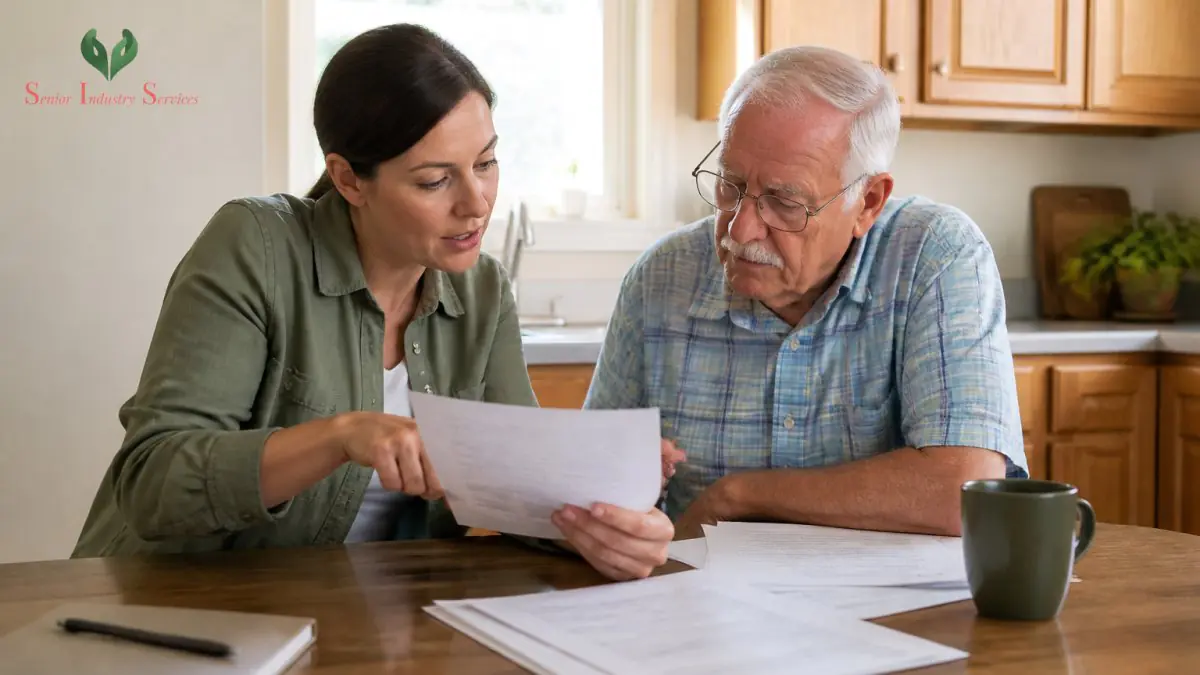 Adult daughter reviewing paperwork with her elderly father at home while exploring VA Aid and Attendance benefits for assisted living in Central Texas.