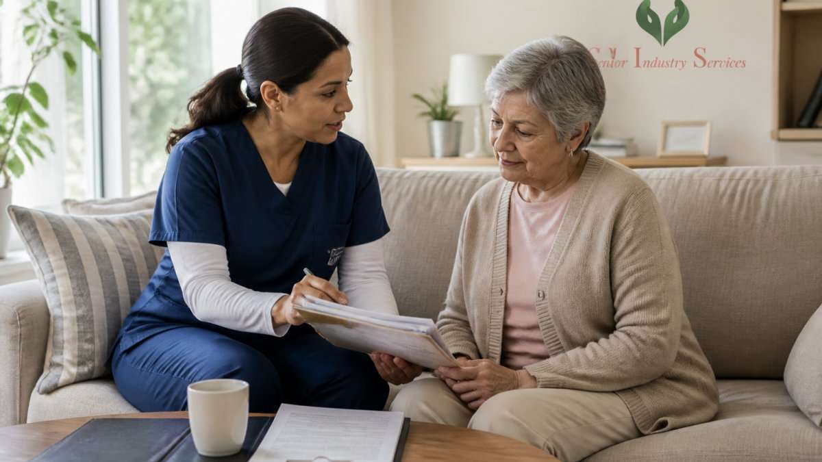 Medicare Home Health Benefit in Central Texas Home health nurse reviewing a Medicare care plan with an older adult in a Central Texas home.